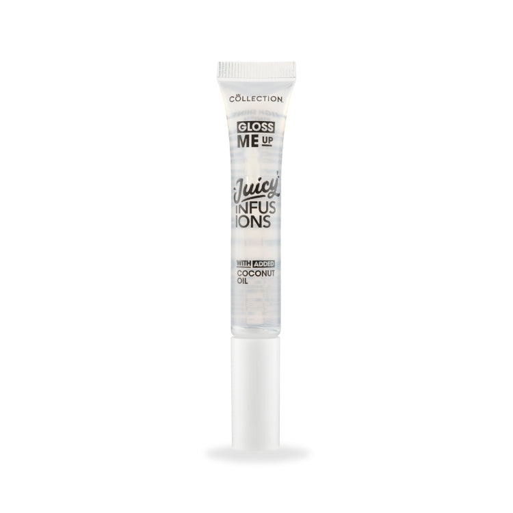 Gloss Me Up Juicy Infusion Lip Gloss in een transparante tube met witte dop, verrijkt met kokosolie voor een glanzende fin...