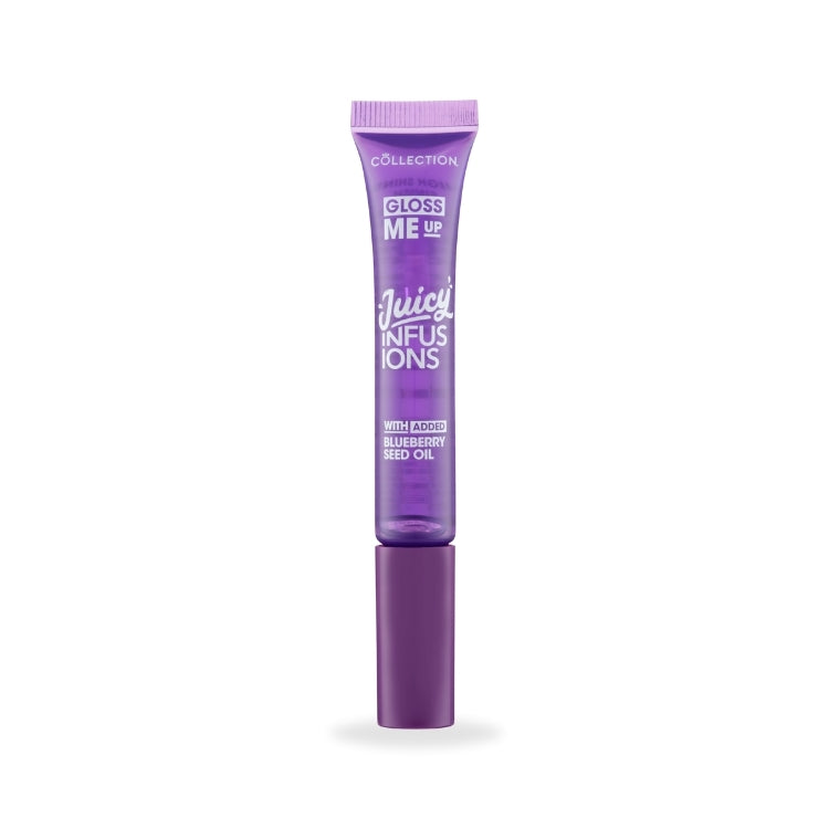 Gloss Me Up Juicy Infusion Lip Gloss in een paarse verpakking met een handige applicator, verrijkt met bosbessenolie.