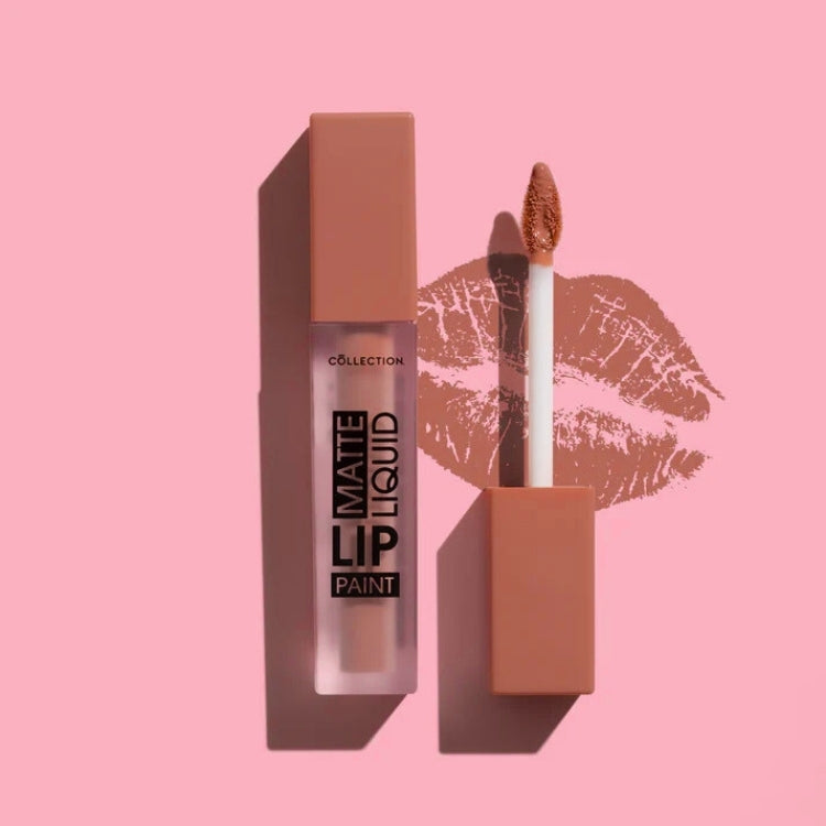 Matte Liquid Lip Paint in een transparante verpakking met een zachte, nude kleur en applicator.