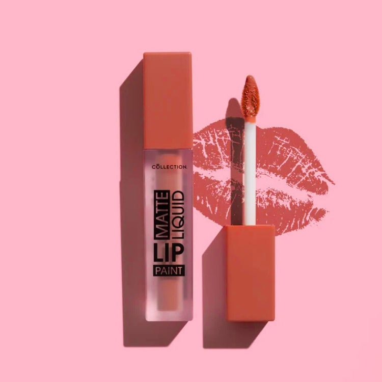 Matte Liquid Lip Paint in een stijlvolle verpakking met een applicator en een zachte perzikkleur.