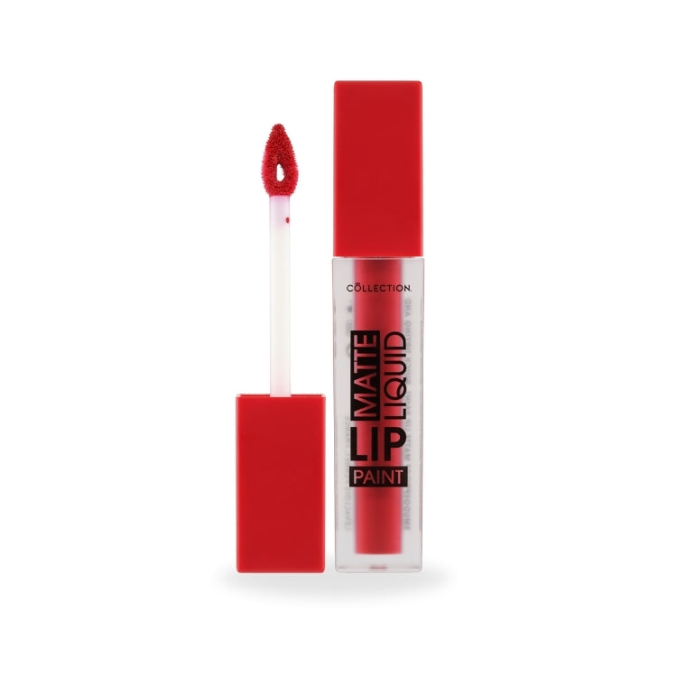 Matte Liquid Lip Paint in een heldere rode kleur, met een handige applicator en strakke verpakking.