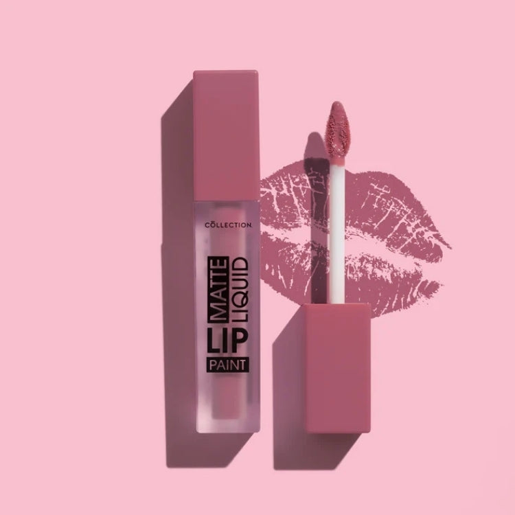 Matte Liquid Lip Paint in een stijlvolle, transparante verpakking met een zachte roze tint en applicator.