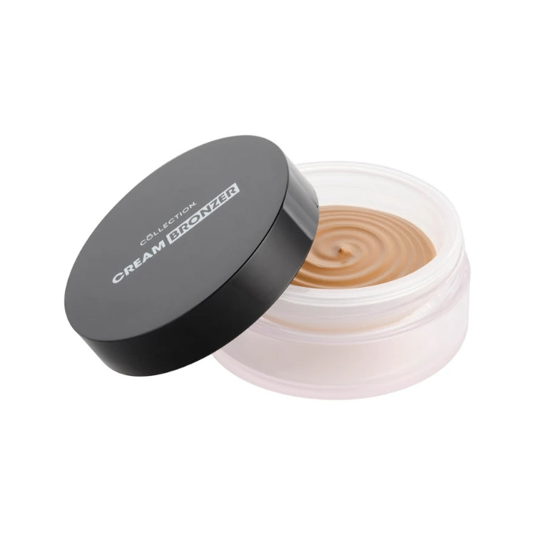 Cream Bronzer - Bronze in een doorzichtige pot met zwarte deksel, zachte bronzkleurige crème zichtbaar.