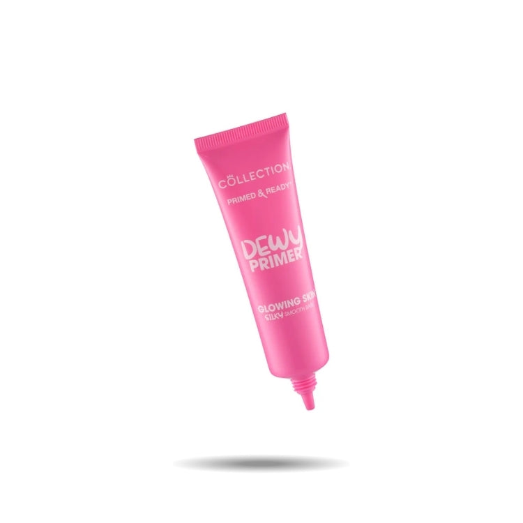 Primed & Ready Dewy Primer in een felle roze tube, ideaal voor een stralende huid.