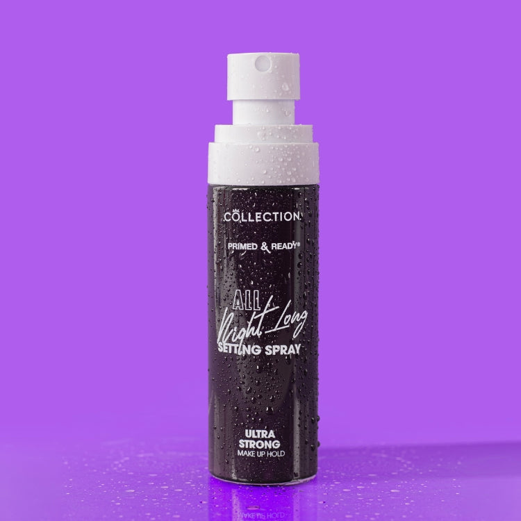 Primed & Ready All Night Long Setting Spray in een zwarte verpakking met witte details, geschikt voor langdurige make-up.