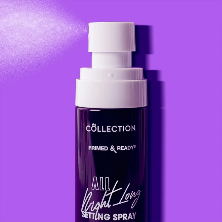 Primed & Ready All Night Long Setting Spray in een paarse verpakking met witte pomp, ideaal voor langdurige make-upfixatie.
