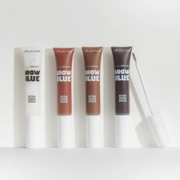 Incredibrow Brow Glue in vier kleuren, met stevige verpakking en applicator voor perfecte wenkbrauwen.