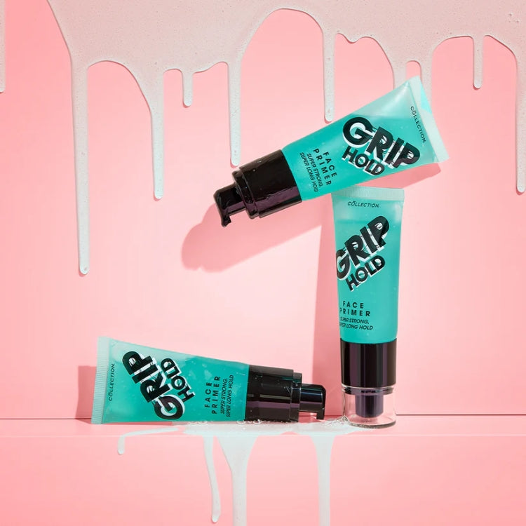 Grip Hold Face Primer in turquoise tubes met zwarte accenten, op een roze achtergrond met druppels.
