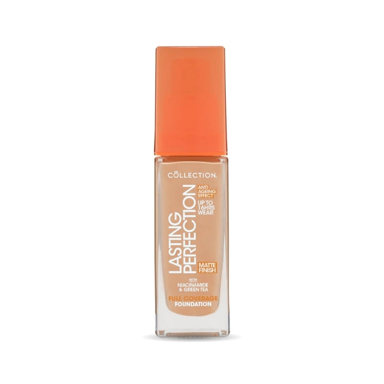 Lasting Perfection Matte Foundation in een transparante fles met oranje dop, voor een matte finish en langdurige dekking.