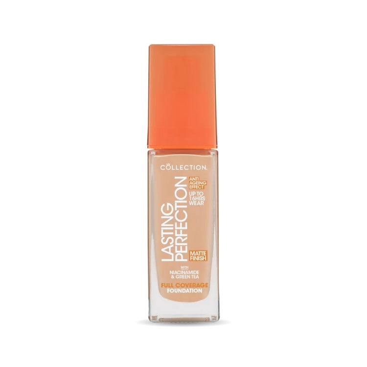 Lasting Perfection Matte Foundation in een transparante fles met oranje dop, ideaal voor een matte finish en volledige dek...