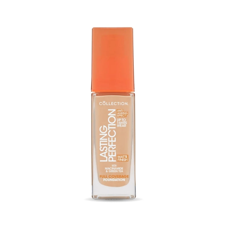 Lasting Perfection Matte Foundation in een transparante fles met oranje dop, ideaal voor een matte finish.