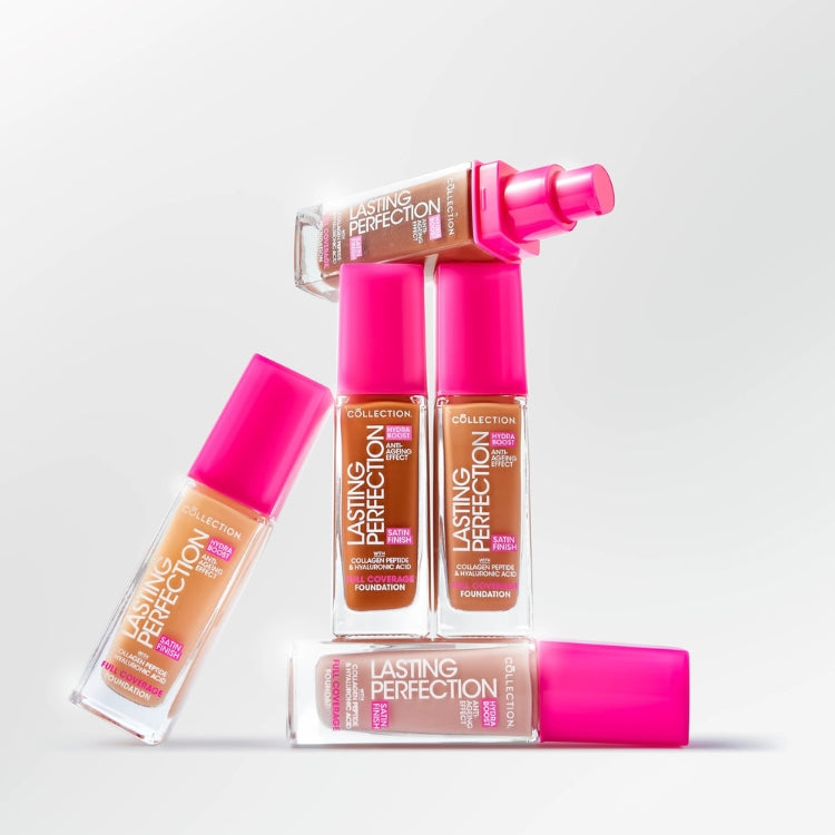 Lasting Perfection Satin Foundation in verschillende tinten met een opvallende roze verpakking.