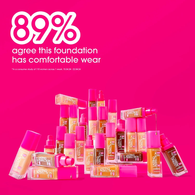 Lasting Perfection Satin Foundation in diverse tinten, verpakt in stijlvolle glazen flacons met een roze dop.
