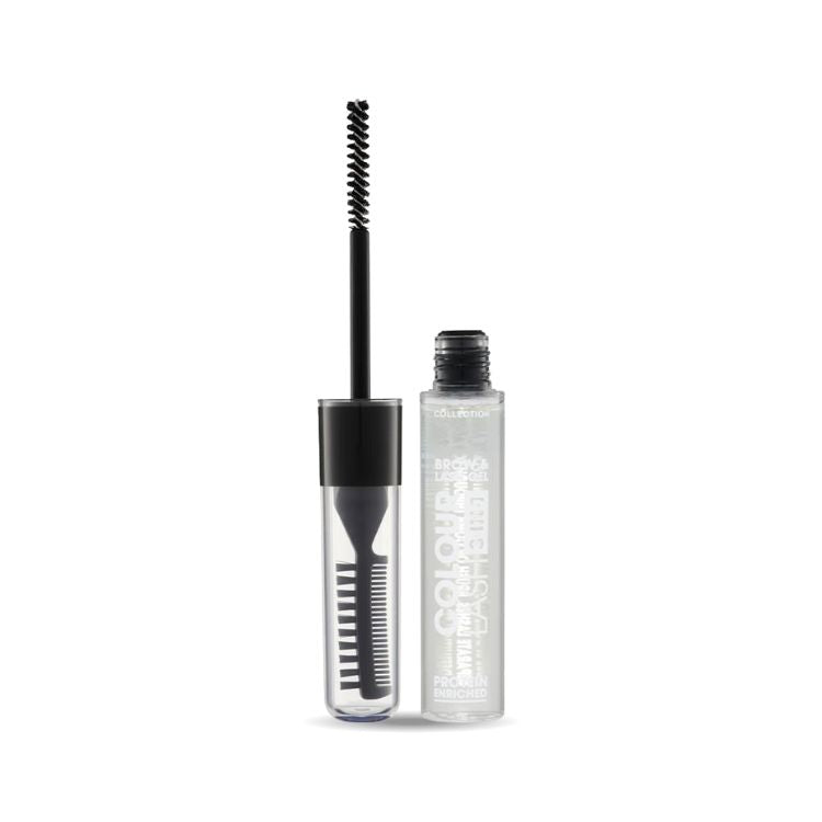 Colour Lash Brow & Lash Gel in doorzichtige verpakking met zwarte applicator en kam voor het stylen van wenkbrauwen en wim...