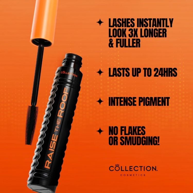 Raise the Roof Mascara in zwarte verpakking met oranje dop, voor langere en vollere wimpers zonder vlekken.